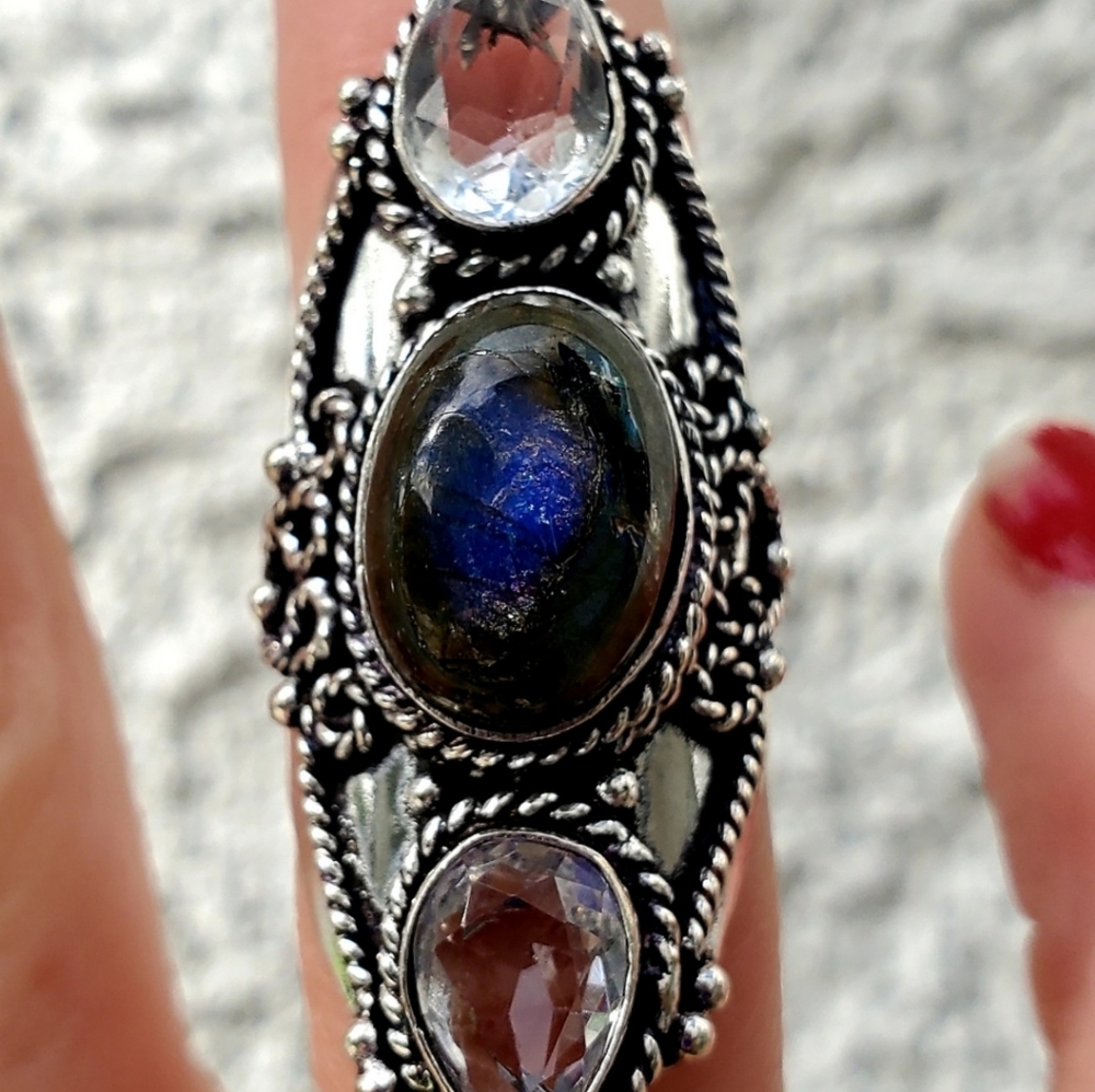 New Labradorite & White Topaz 925 Silver Statement Ring.